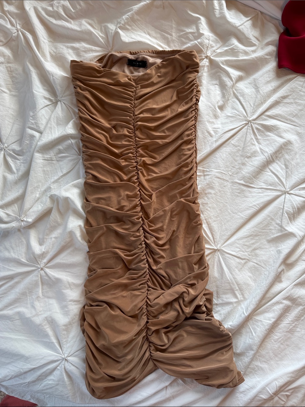 Ruched Camel Bodycon Midi Dress